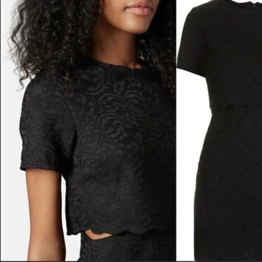 TOPSHOP‎ Black Lace Faux Two Piece Dress With Side Openings 8